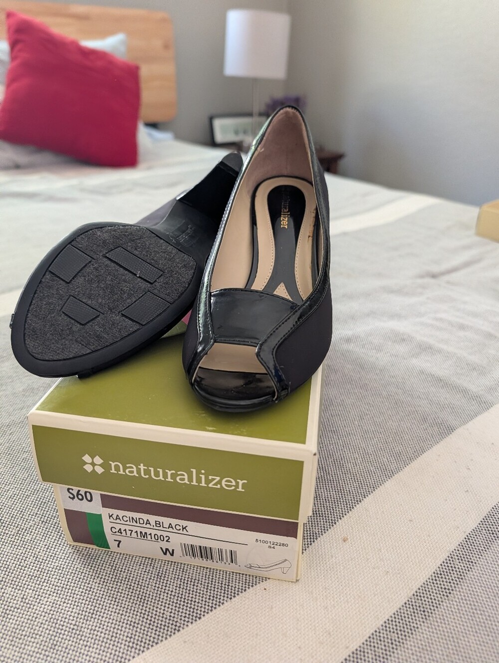 Naturalizer Black Peep-Toe Wedge Heels with Patent Trim - Picture 2 of 2